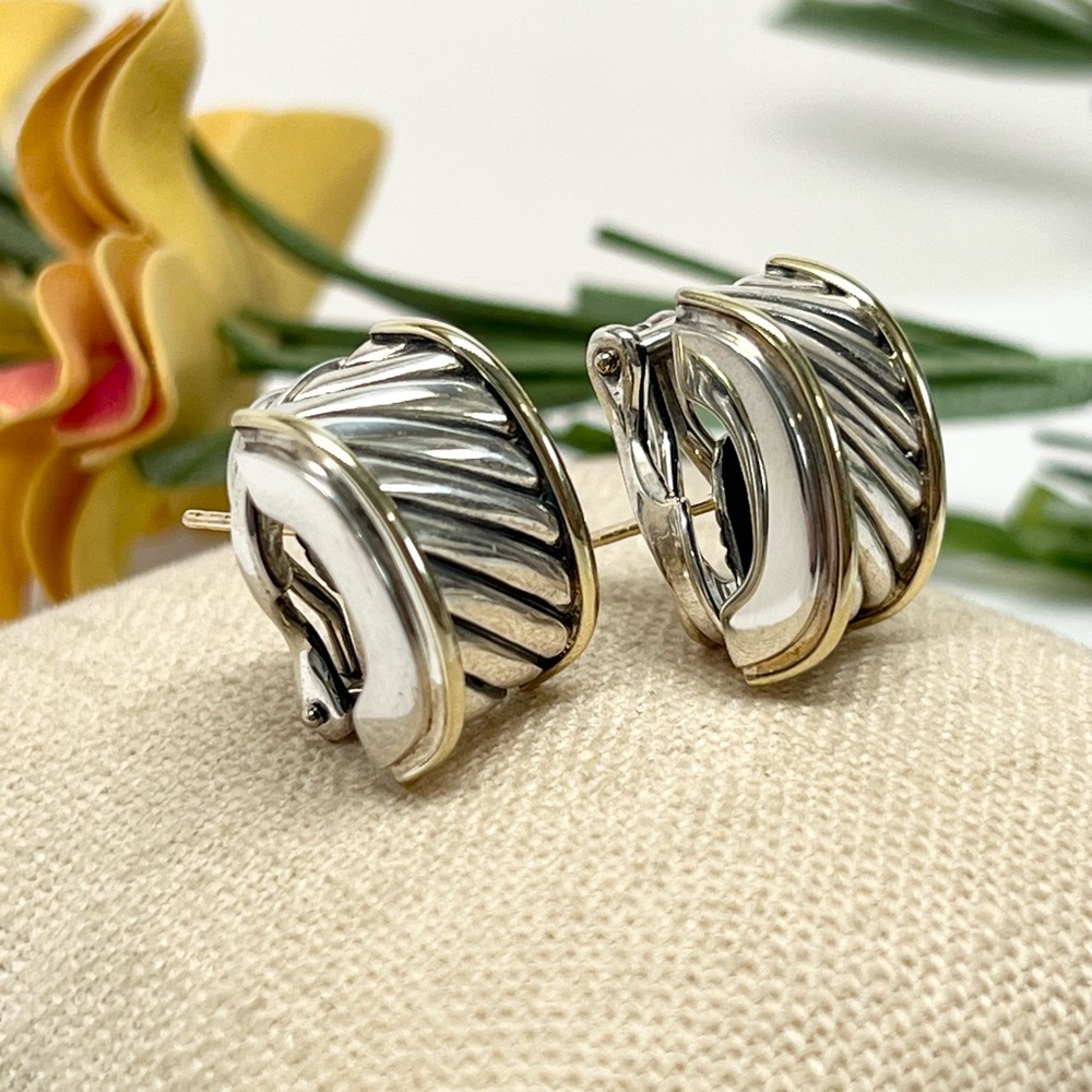 David Yurman Cigar Band Earrings 925/14K Gold - Picture 4 of 9